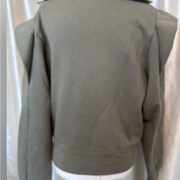 FRAME Quarter Zip Ruffle Shoulder Pullover Sweatshirt in Military Green Small - Picture 9 of 14